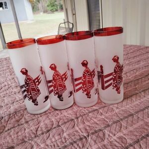 Vintage MCM Noritake Frosted Ruby Red Tall Collins Drinking Glasses Barware Bar